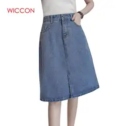 2019 Kpop негабаритных летние женские Юбки формы А одноцветное Цвет сладкий синяя джинсовая юбка Для женщин Разделение джинсы Saias S-5XL