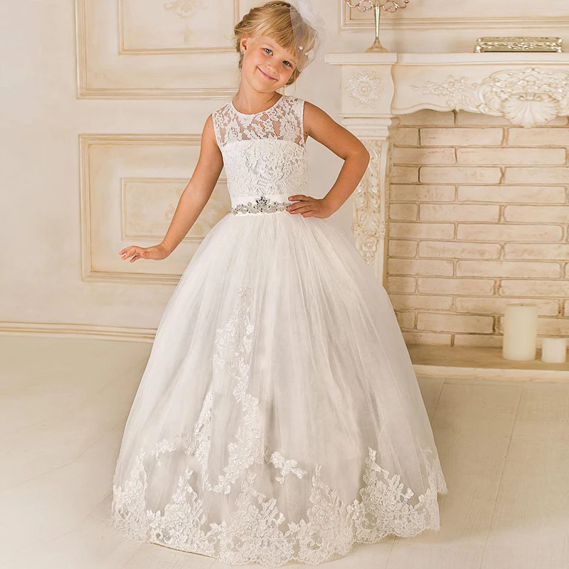 

2017 Spring Floor Length Ball Gown Kids First Communion Dresses with Beading Sash Cute Lace Tulle Flower Girls Dresses