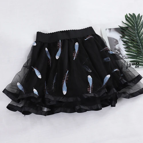 feather black Korobov Женская сетчатая юбка с вышивкой LOVE Мини с высокой талией бальное платье юбки летние элегантные Sytyle новые корейские юбки 77750 - Цвет: feather black
