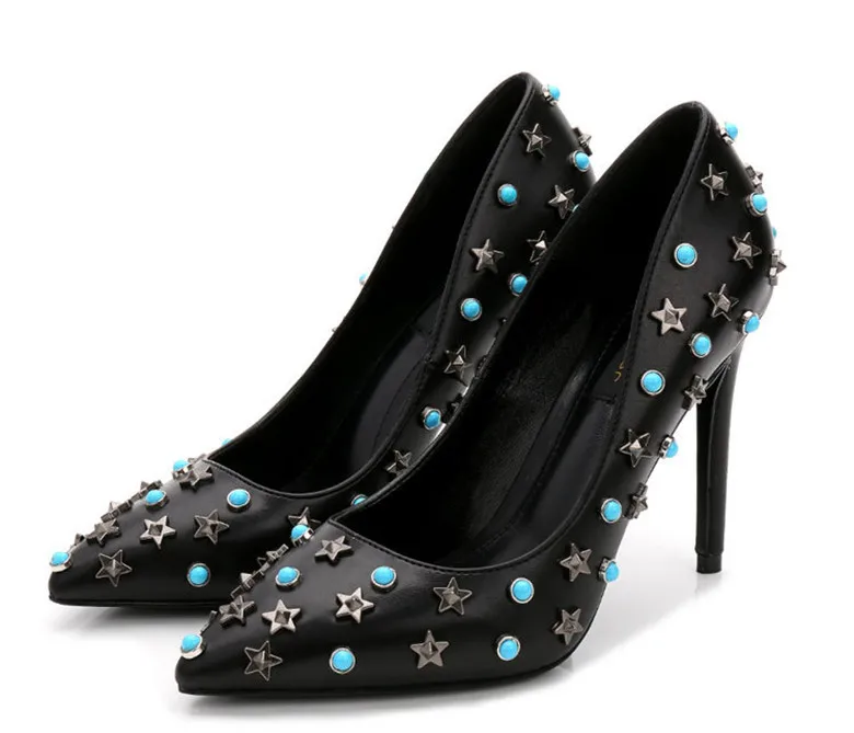Brand Black Pumps Woman Sheepskin High Heels Star Rhinestone Pumps High Heels 10CM Heel font b