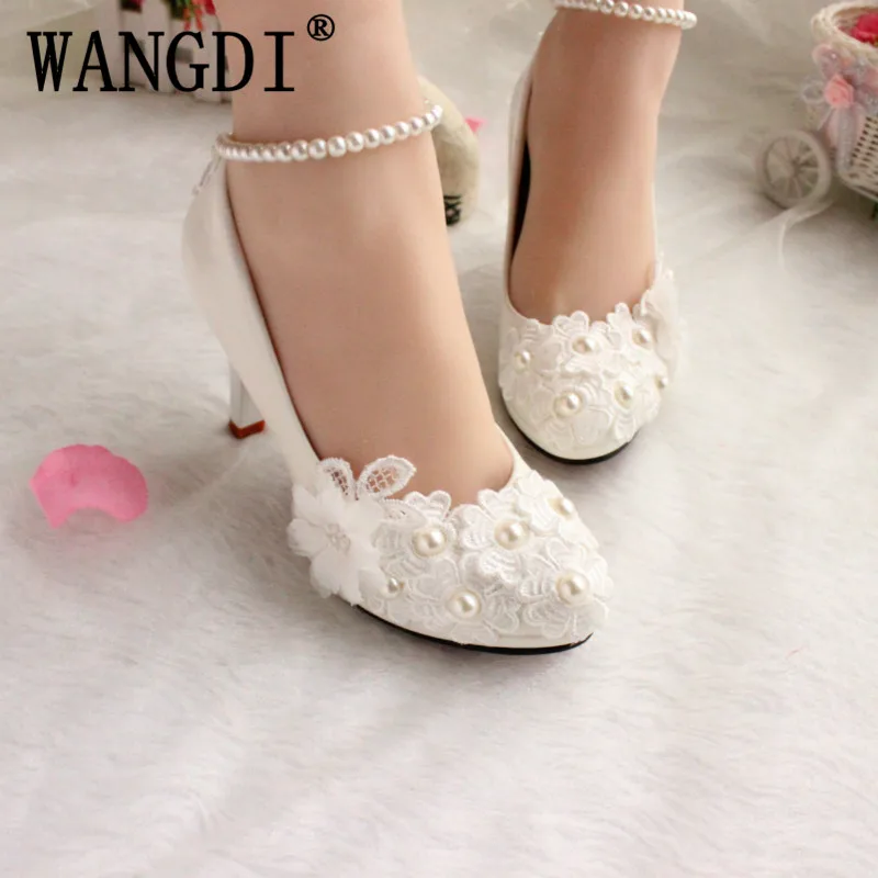 

Wedding shoes for women new design ivory lace low high heels flowers pearls anklet woman bridal shoe dress proms party pumps