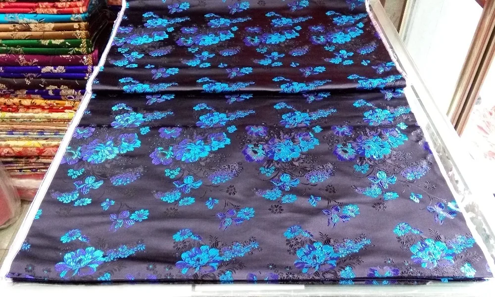 

chinese silk brocade fabric cheongsam cushion black back with sapphire blue and lake blue peony flowers pattern new color match