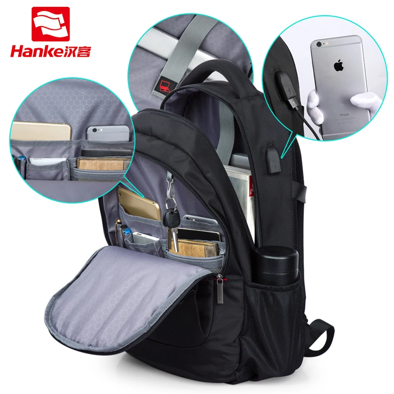 Унисекс, женский и мужской рюкзак для ноутбука, деловая дорожная сумка для мальчиков и девочек, школьная сумка, большая емкость, USB порт, водонепроницаемый, черный, 19 дюймов, H6851