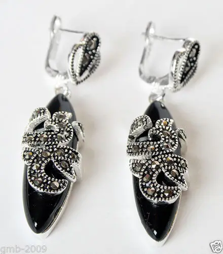 

New 925 Sterling Silver Natural Black Agate Marcasite Dangle Earrings