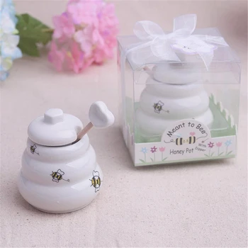 

50 pcs Ceramic Meant to Bee Honey Jar Honey Pot Ceramic Honey Pot with Wooden Dipper Wedding Party Favors Gifts