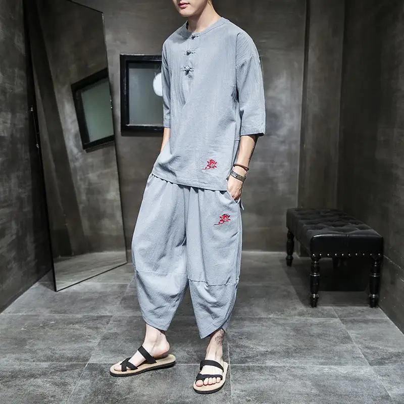 Плюс размер 4XL 5XL китайский стиль винтажный спортивный костюм мужской топ с коротким рукавом+ укороченные штаны комплекты из 2 предметов свободная Летняя мужская одежда