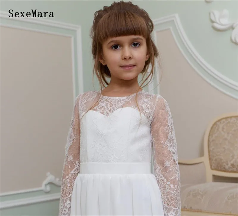 

New White Lace Girls Dresses Long Sleeves O Neck A Line Modern Mother and Daughter Dress for Wedding Girls Formal Wear Size2-14Y