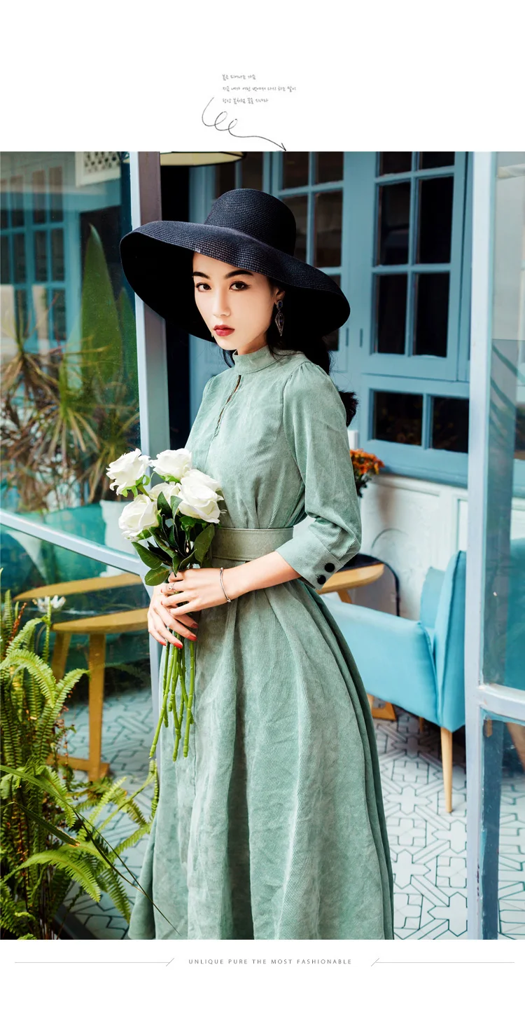 Весеннее женское вельветовое длинное платье мятно-зеленого цвета в стиле ретро Mori Girl Хиппи Boho новинка платье Vestidos женские платья