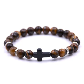 

HYHONEY 8mm Natural stone Bracelets For Women Men jewelry Elasticity Black Cross Bracelets Fashion Jewelry 2018