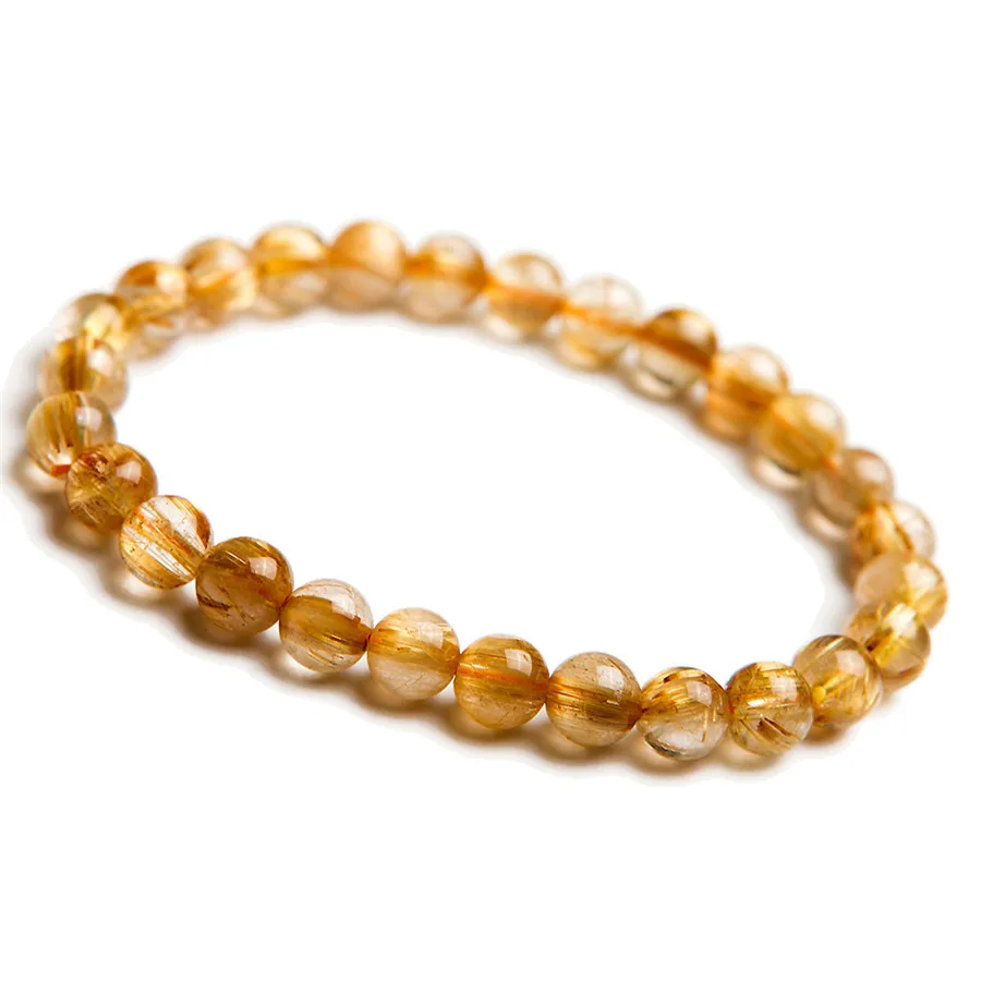 

7mm Genuine Natural Titanium Gold Rutilated Quartz Crystal Round Clear Beads Stretch Charm Bracelets For Women