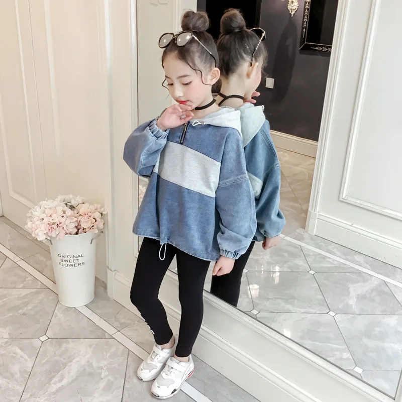 Girls Hoodie Coat Jacket Patchwork Hooded Sweatshirts Denim Top 2019 Autumn Long Sleeve Hoodies Pullover Clothes for 8 12 | Детская