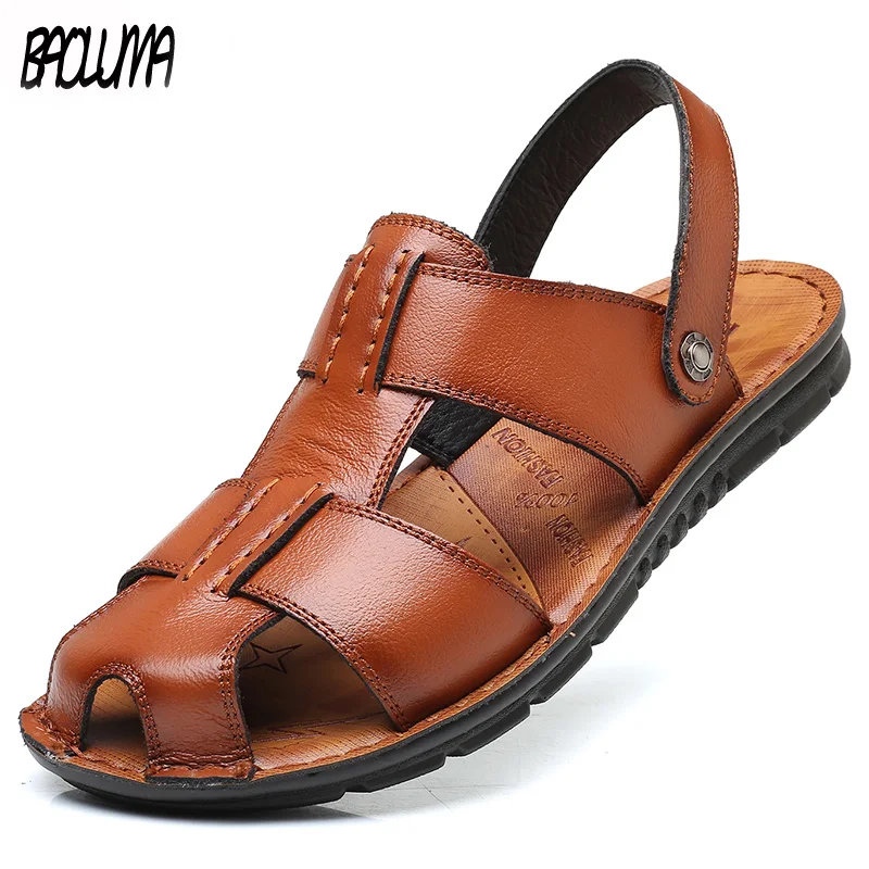 

Hot 2019 Big Size Men's Sandals Summer British Fashion Man Leather Beach Shoes Men Massage Non-Slip Large Slippers Flats