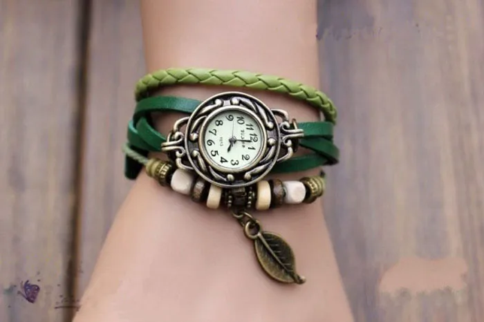 Винтажные браслеты женские Многослойное Плетение обертывание кварцевые Кожаный браслет с листьями наручные часы для женщин браслеты украшения подарки