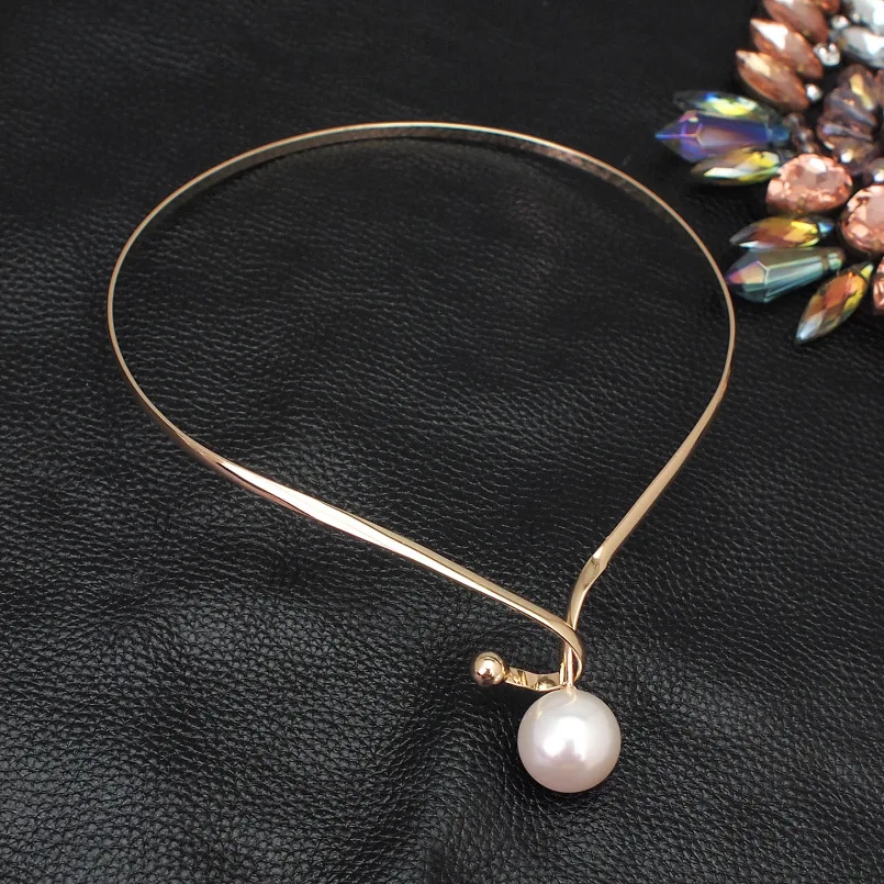 Simulated Pearl Alloy Torques Choker Necklaces Metal Statement Collar Necklace For Women Jewelry Accessories UKEN