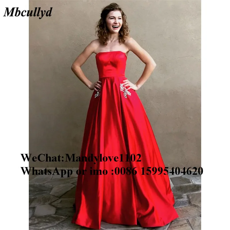 Mbcullyd длинное платье без бретелек для выпускного вечера A Line атласное vestido de festa с блестящим кристальным карманом Vestidos de fiesta de noche - Цвет: Красный