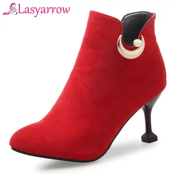 

Lasyarrow High Heels Wedding Shoes Black Pink Short Martin Boots Zipper Autumn Winter Ankle Boots for Woman Large Size Footwear