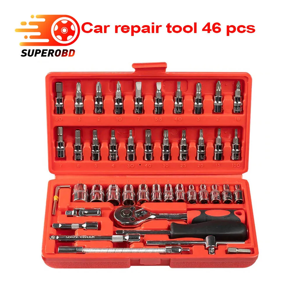 

46pcs Automobile Motorcycle Car Repair Tool Box Precision Ratchet Wrench Set Sleeve Universal Joint Hardware Tool Kit For Car