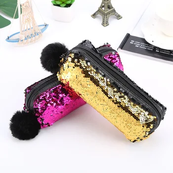 

Reversible Sequin Pencil Cases For Girls Cute Hairball Pencil Bag Makeup bag Office School Supplies Stationery Gift escolar