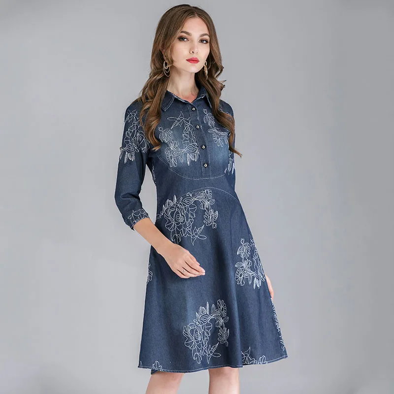 Spring Autumn Embroidery Floral Vintage Denim Dress Women Plus Size 5xl Slim Jeans Casual Dress Female Elegant Party Dresses Spring Autumn Embroidery Floral Vintage Denim Dress Women Plus Size 5xl Slim Jeans Casual Dress Female Elegant Party Dresses
