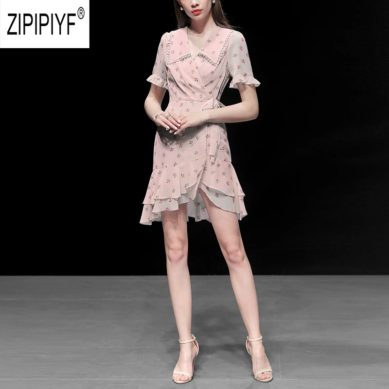 

Noble Fashion Women Dresses Turn Down Neck Short Sleeve Bow Bandage Design Chiffon Dresses Floral Party Casual Dresses Z1839