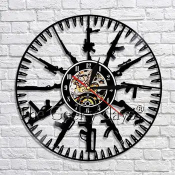 

Bullet Time Vinyl Record Wall Clock 3D Gun Family Clock Decals Gun Military Decorative Wall Clock Saat Gift For Gun Lover