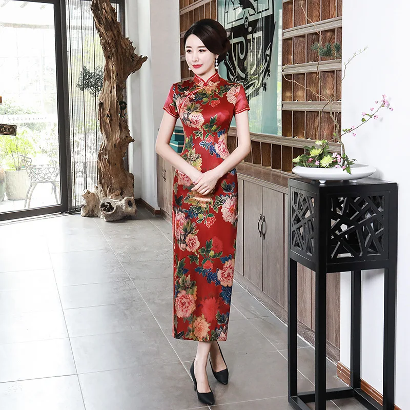 SHENG COCO женские элегантные платья Китайский Cheongsam длинное атласное платье Банкетный Ципао с цветами китайские платья Qipao Женская Роба в