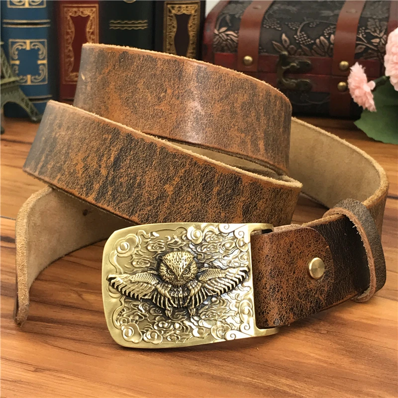 Латунный ремень с совой пряжка желтые ремни для мужчин Ceinture Homme мужской кожаный
