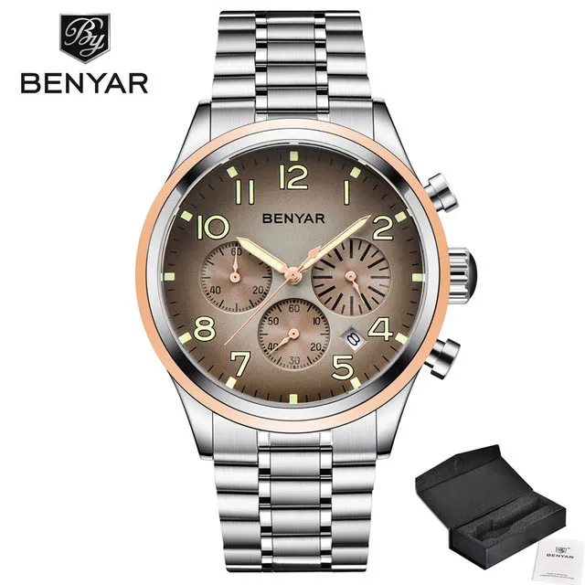 Часы Для мужчин Benyar Модные Спортивные кварцевые мужские часы, наручные часы Лидирующий бренд Роскошные деловые водонепроницаемые часы Relogio Masculino - Цвет: silver grey