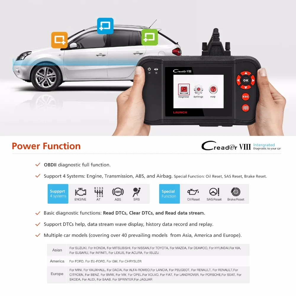 Launch Creader VIII код ридер X431 8 Поддержка 4 Системы с ERP сброса масла SAS функции