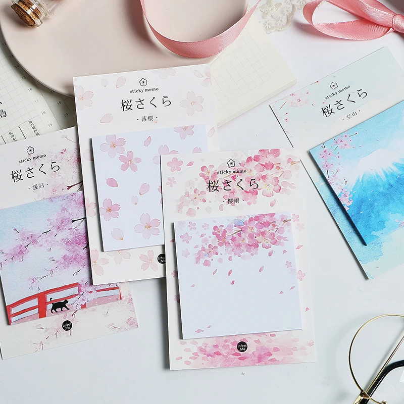 

4pcs Mount Fuji sticky note Sakura flower blossom Pink color memo pad planner stickers Marker Stationery School supplies A6418