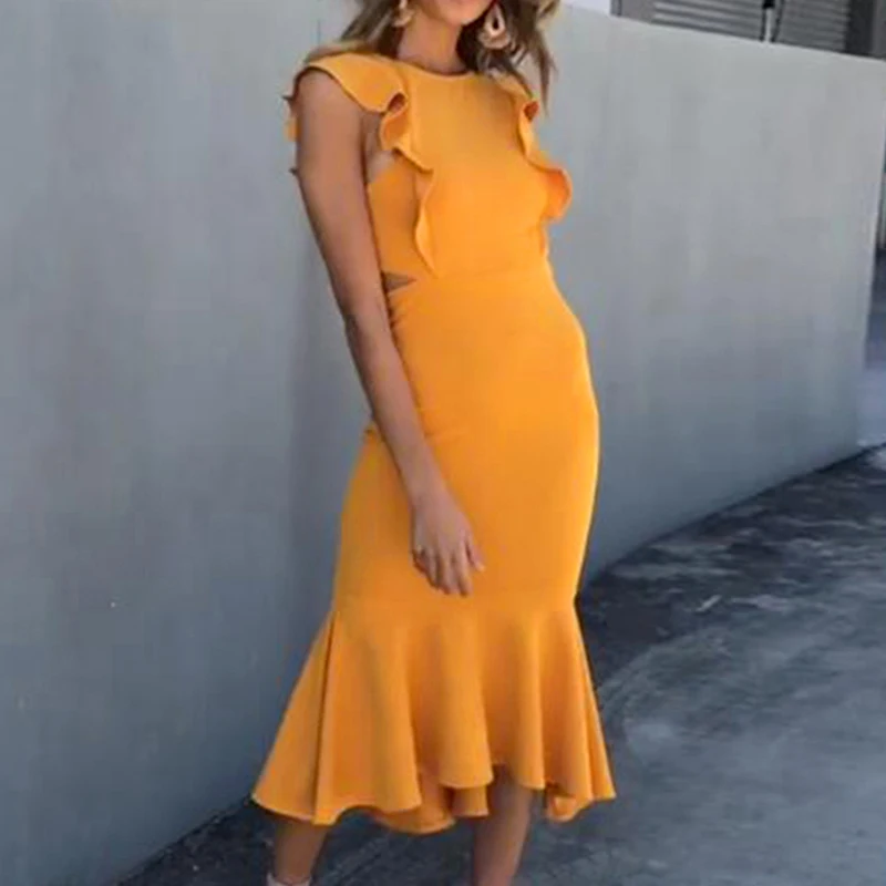 Sexy Women's Strappy Backless Dresses Female Sleeveless Ruffles Dress Fashion Vestidos Frill Hem Mid-Calf Long Mermaid Dress