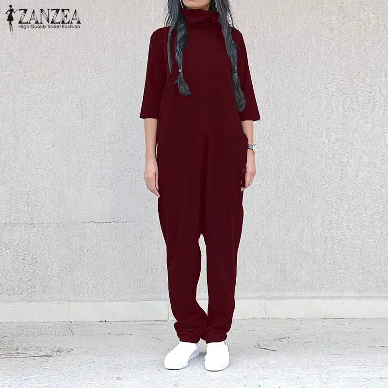 

S 5XL ZANZEA Zipper Harem Overalls 2019 Women Short Sleeve Long Playsuit Summer Casual Turtleneck Jumpsuit Dungarees Femme Mujer