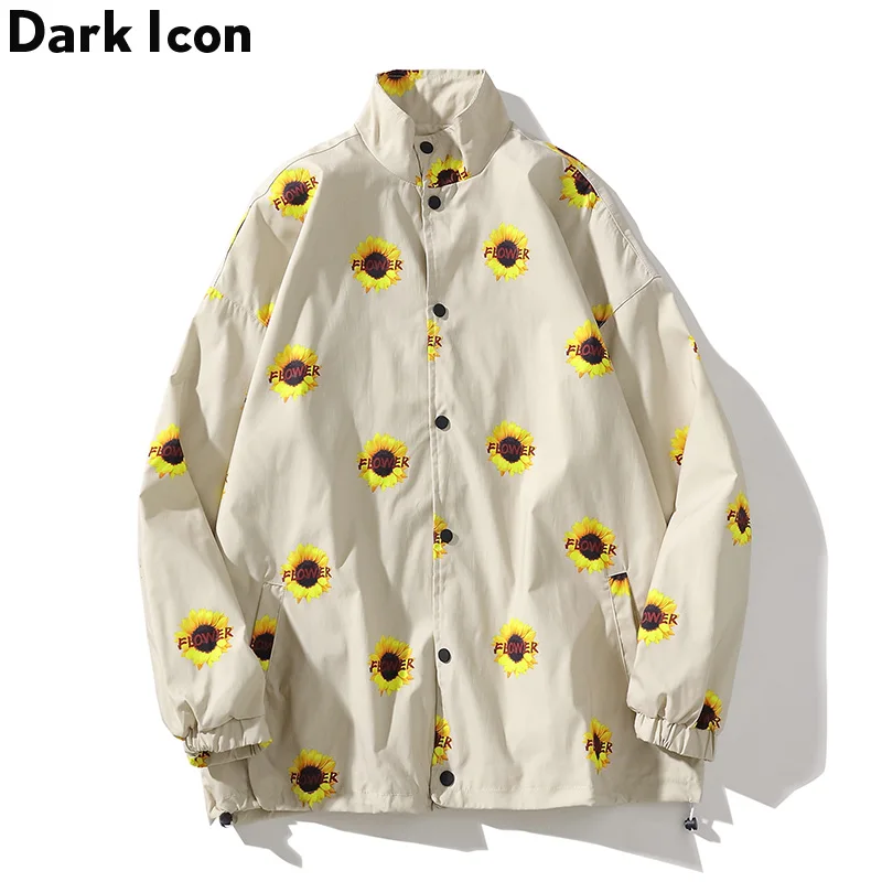 

Dark Icon Sunflower Full Printed Hip Hop Jackets Men 2019 New Thin Material Stand Collar Mens Jackets Streetwear Clothing