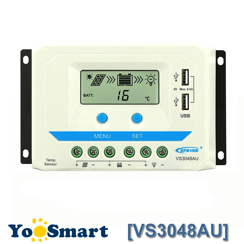 

EPever VS3048AU PWM Solar Charge Controller 12V 24V 36V 48V DC Auto with Informative Black Light LCD display Double 5V USB Port
