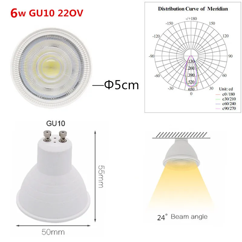 6 Вт светодиодный прожекторы MR16 GU10 COB Встраиваемая лампа 120/24 градуса 220 В переменного тока - Испускаемый цвет: 6w GU10 24
