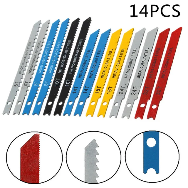 14pcs Assorted U Fitting Jigsaw Blades Set Jig saw Aluminum Metal Plastic Wood Cutting Woodworking Red Yellow Blue Gray Black