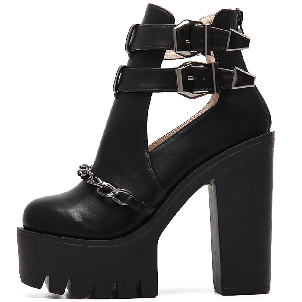 Фирменный дизайн; красивые летние ботинки на платформе; женская обувь; обувь черного цвета на высоком массивном каблуке с пряжкой; женские ботинки