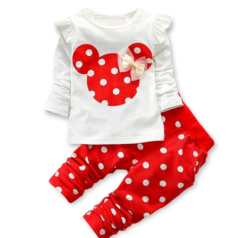 Осенняя одежда для малышей для девочек спортивная верхняя одежда Комплекты для детей из хлопка с принтом Микки футболка+ брюки в горошек Комбинезоны Костюм - Цвет: Красный