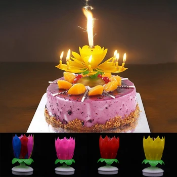 

1PC New Hot Sale Novelty Candle Cake Topper Birthday Lotus Flower Decoration Rotating Double Layer