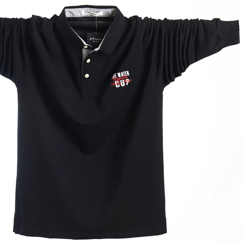 Рубашка поло с длинным рукавом более размера d, Хлопковая мужская футболка большого размера, осенняя тонкая Свободная рубашка размера плюс 5XL, Мужская Повседневная рубашка поло - Цвет: Черный