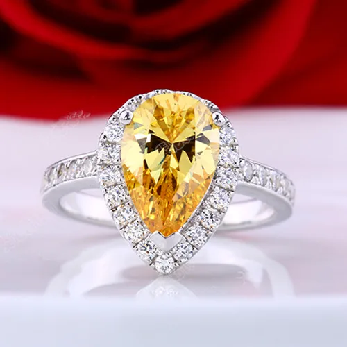

Genuine Pure Silver Jewelry 2CT Pear Shape Yellow Synthetic Diamonds Women Wedding Anniversary Ring Best Propose Ring For Love