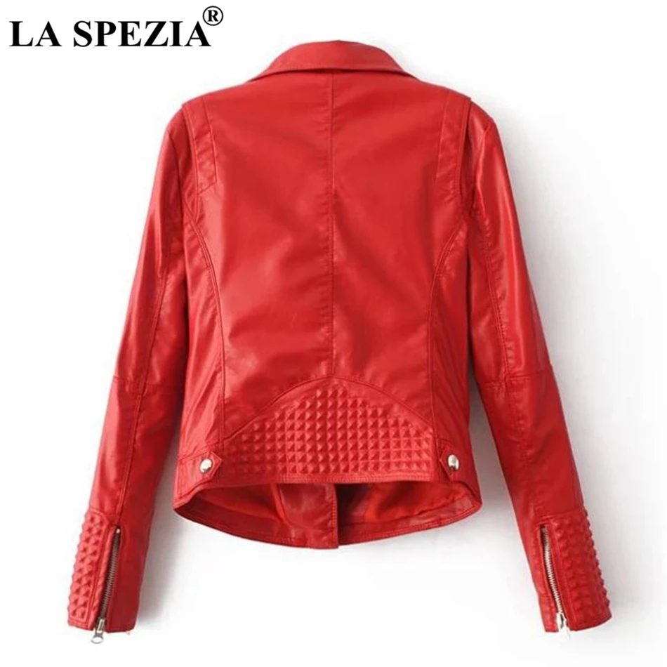LA SPEZIA Red Jacket Women Biker Motorcycle Coats Leather Female Punk Rock Cuff Zipper Pocket Asymmetrical Autumn Jacket 2019