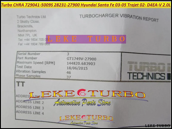 Turbo Cartridge CHRA For HYUNDAI Santa Fe 2003-04 Trajet 2002- D4EA-V 2.0L 125HP GT1749V 729041-5009S 28231-27900 729041 Turbocharger (9)