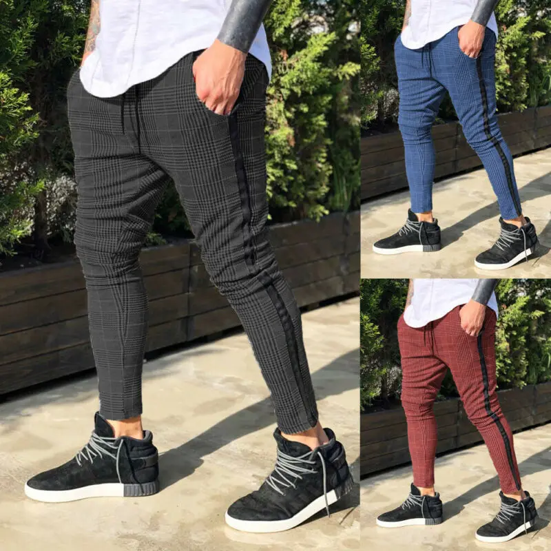 Newest arrival sexy plaid high waist solid Mens Gym Slim Fit Trousers Pants Tracksuit Casual Joggers Skinny Sports Bottoms M-3XL