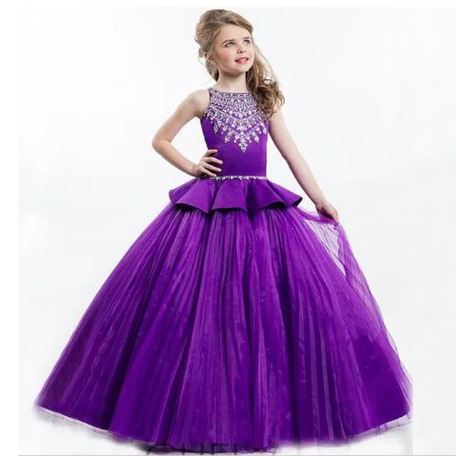 Latest Style Purple Organza Beaded Big Girl Dress Double Straps Fashion