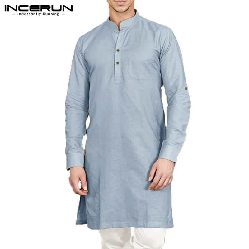 INCERUN, мужская рубашка со стоячим воротником, с длинным рукавом, на пуговицах, хлопок, однотонная длинная рубашка, повседневный индийский костюм, Мужская мусульманская одежда - Цвет: Light Blue