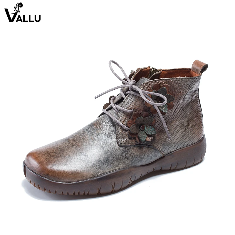 

2018 Vintage Flower Shoes Woman 2018 New Arrival Fretwork Lady Low Cut Boots Lace-Up Flat Female Ankle Booties