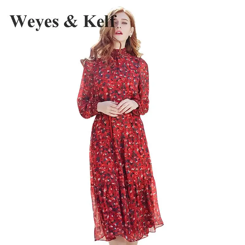 

Weyes & Kelf Long Pleated Ladies Chiffon Dresses For Spring 2018 Print Floral Long Sleeve women Party Dresses Robe Femme