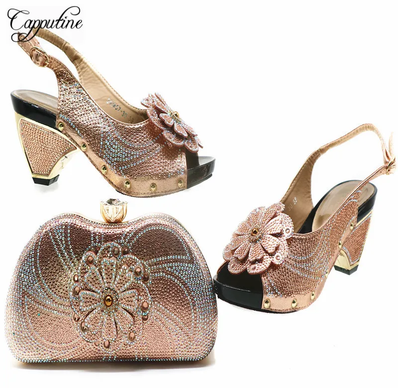 

Capputine Nigerian Summer Decorations With Stone Woman Shoes And Bag Sets African Style Pumps Shoes With Bags For Wedding Party