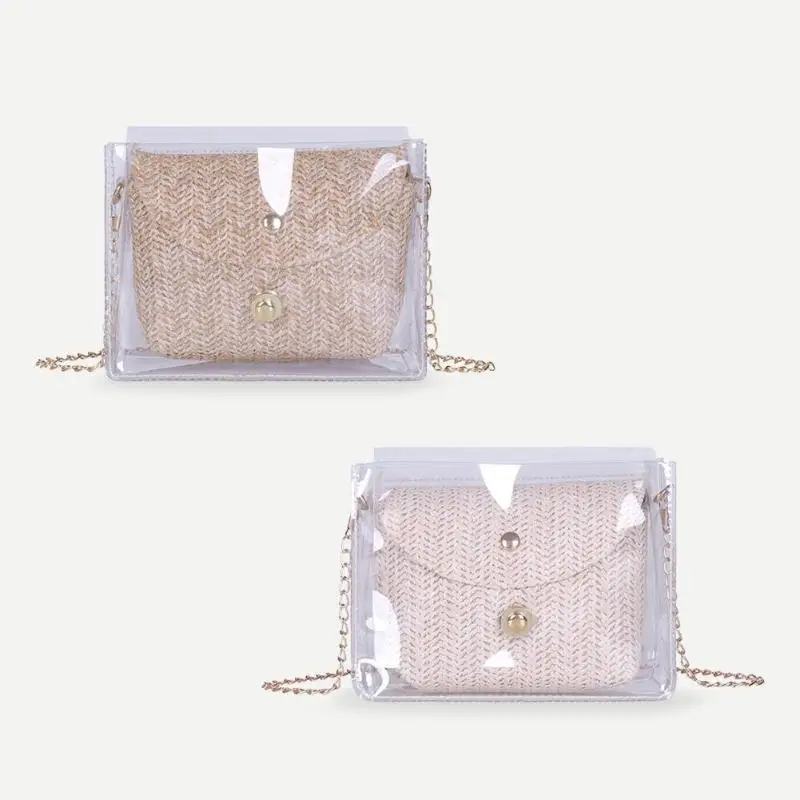 2pcs/set Handbag Transparent Women Hand Bags Chain Straw bag Lady Travel Beach Shoulder Cross Body Bag Holiday